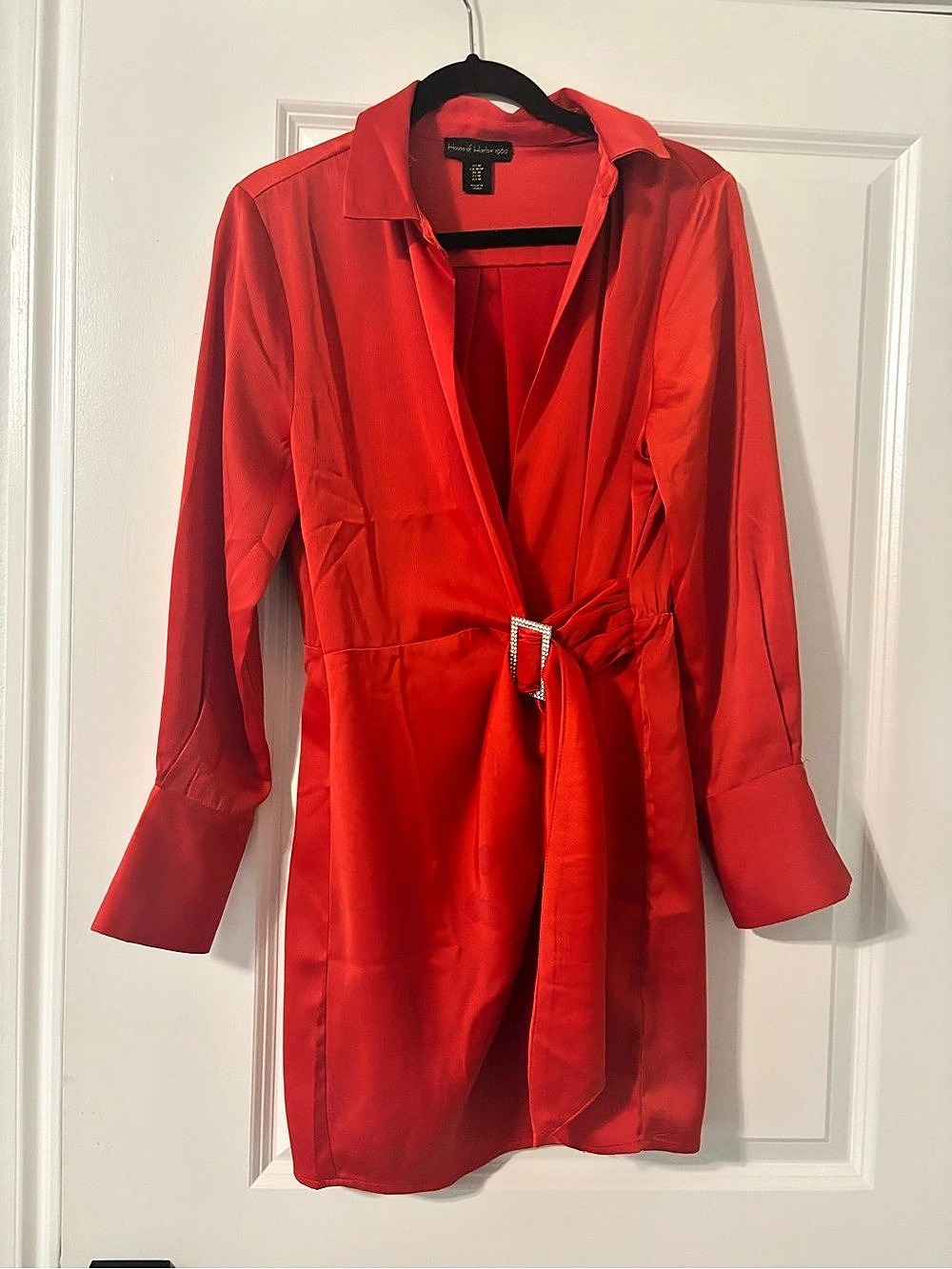 House of Harlow 1960 Satin Wrap Shirt Dress Red Medium